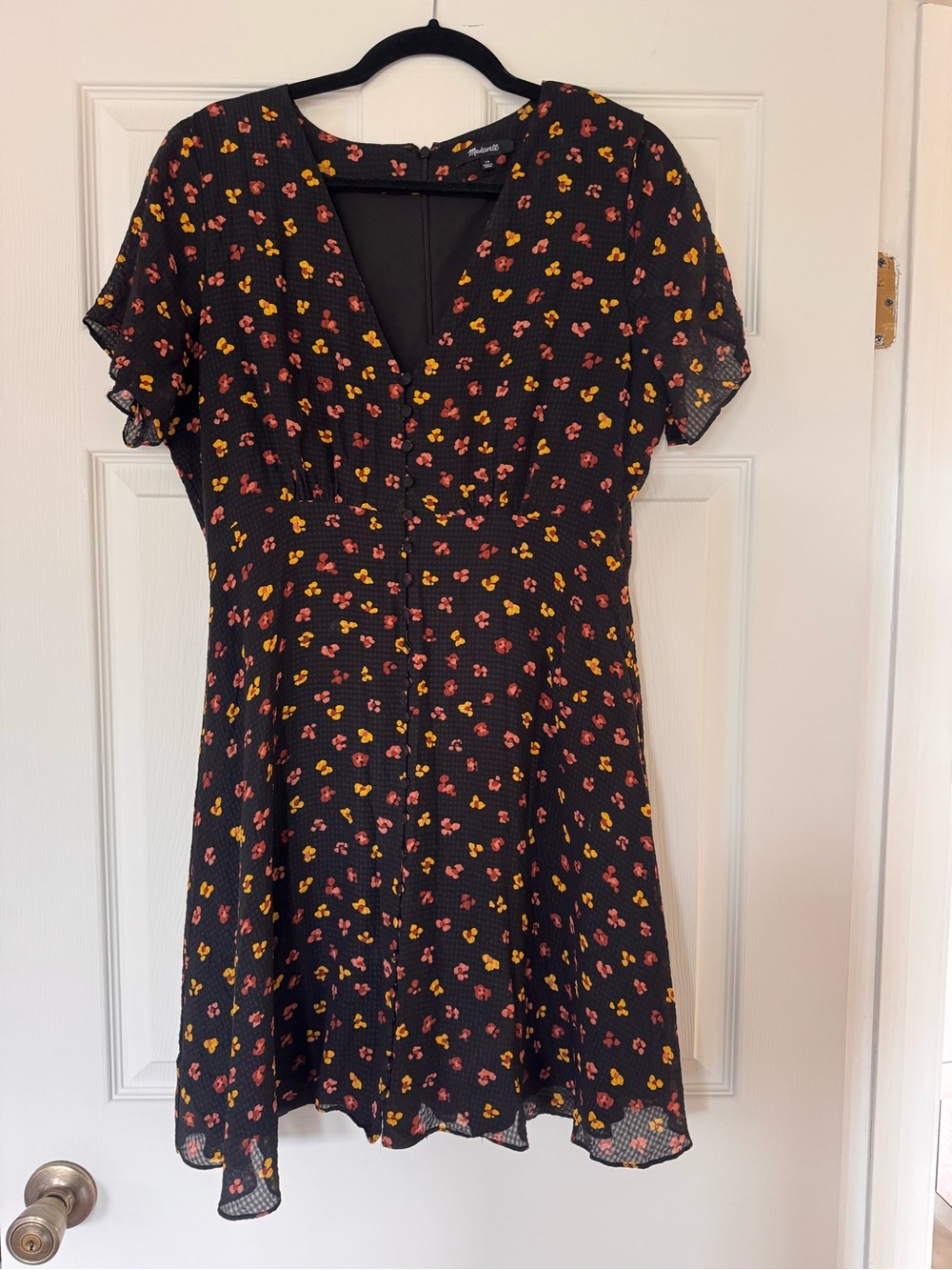 Madewell Black Floral V-Neck Fit-and-Flare Dress with Yellow and Pink Print
